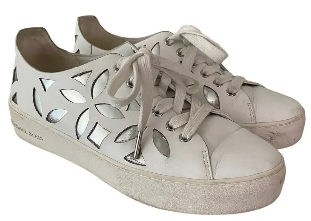 Michael Kors White Leather Platform Mimi Sneakers Size 8 Floral Casual Metallic